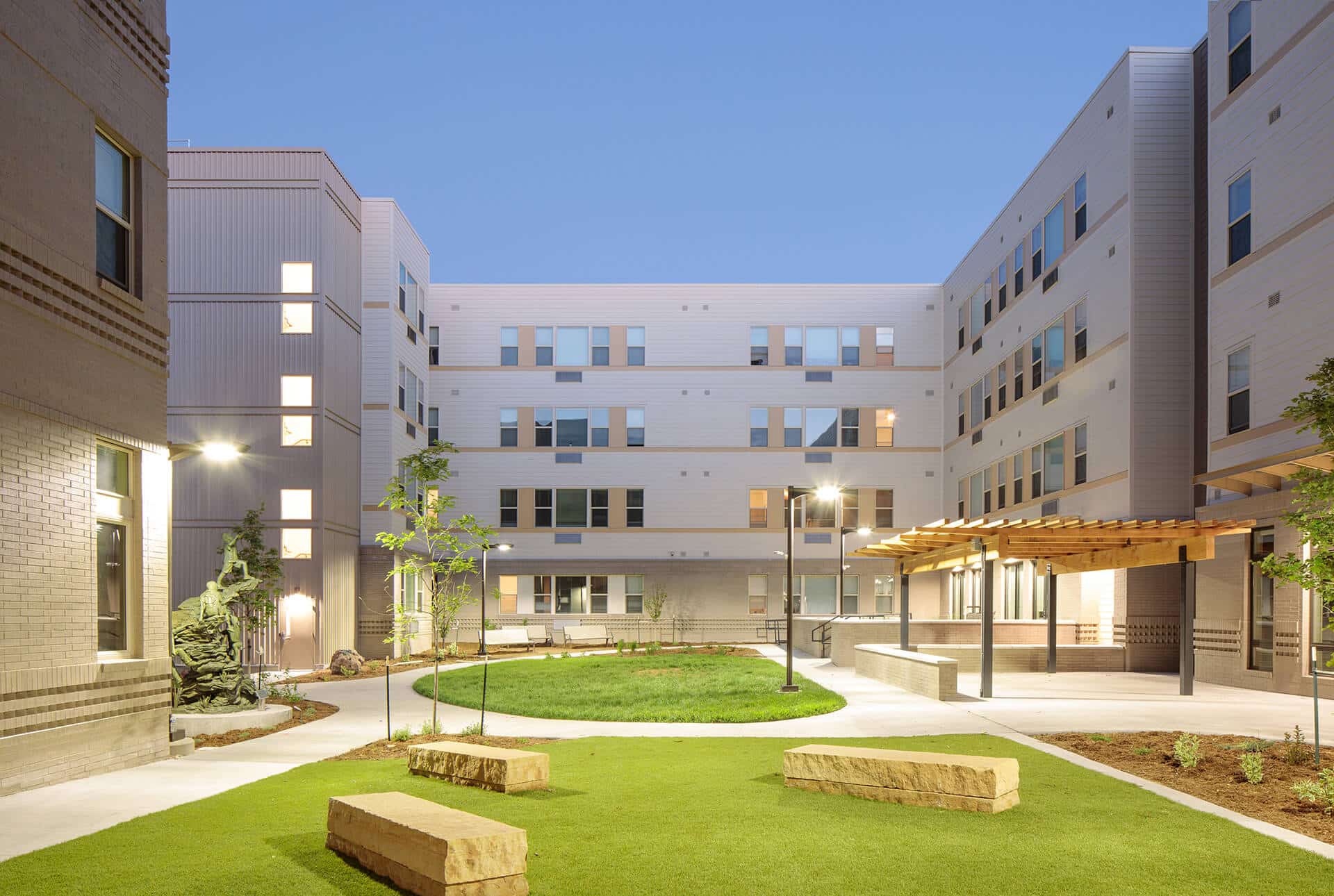 Exterior photography of a Shopworks Architecture project, "Brandon Courtyard" in Denver, CO.