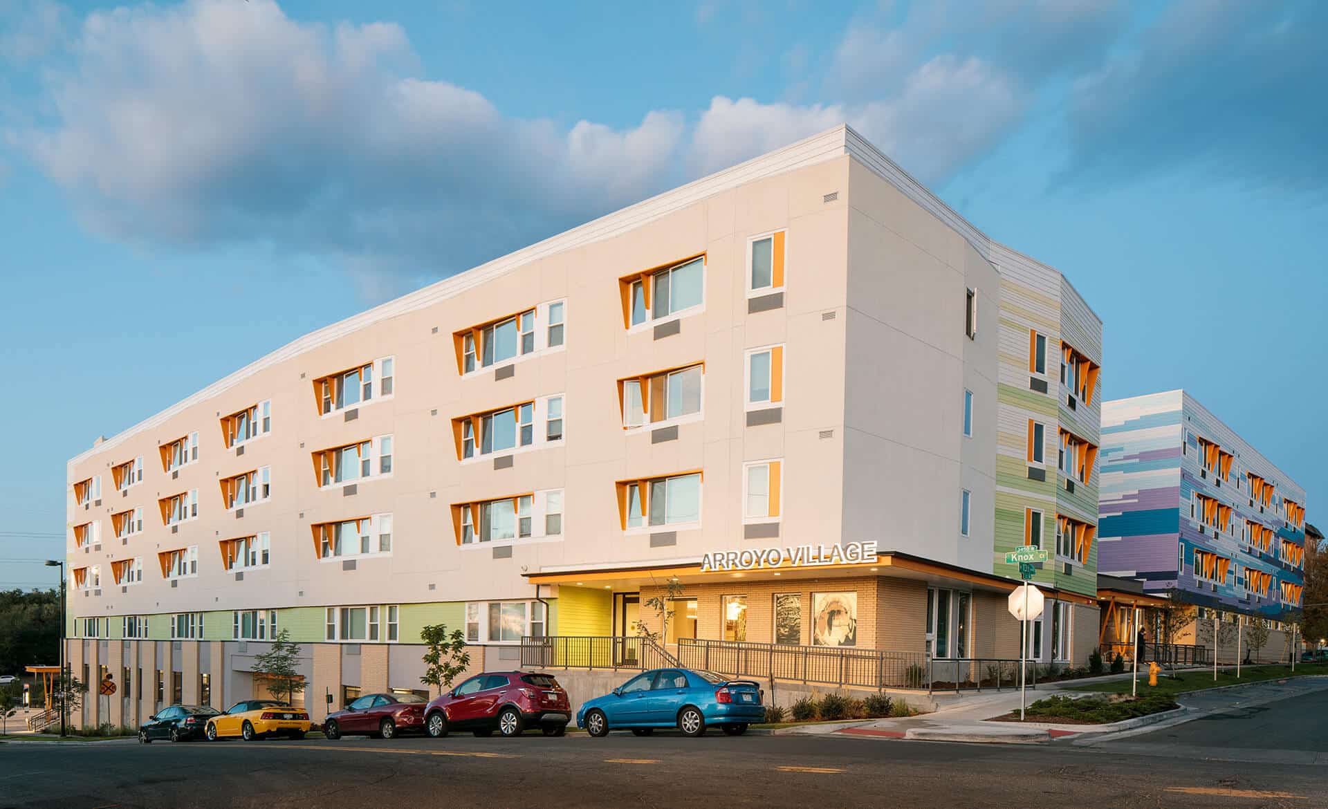 A view of Shopworks Architecture project, Arroyo Village and The Delores Apartments in Denver, CO.